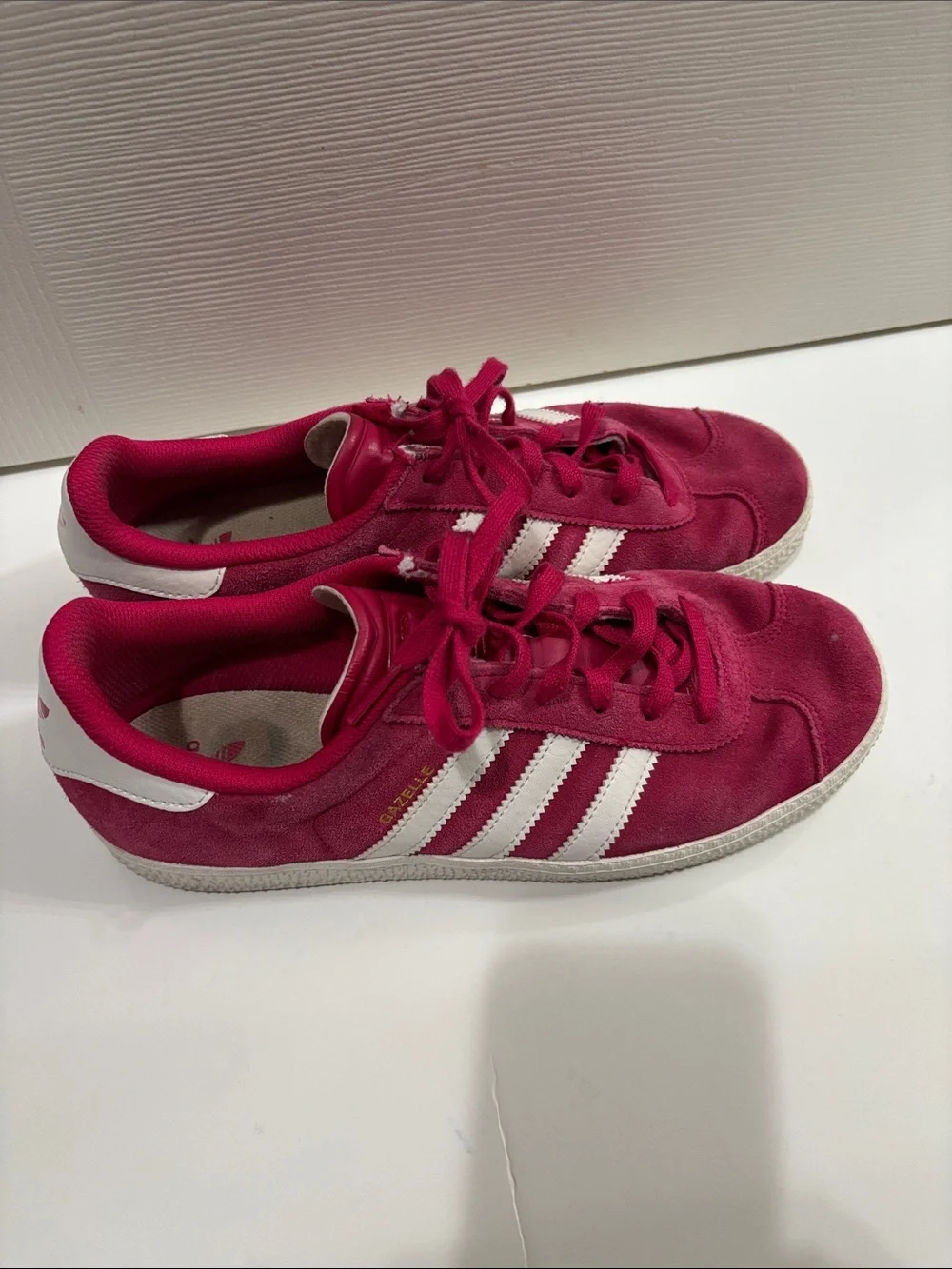 adidas Men’s Fuchsia Suede Gazelle Sneakers with White Stripes